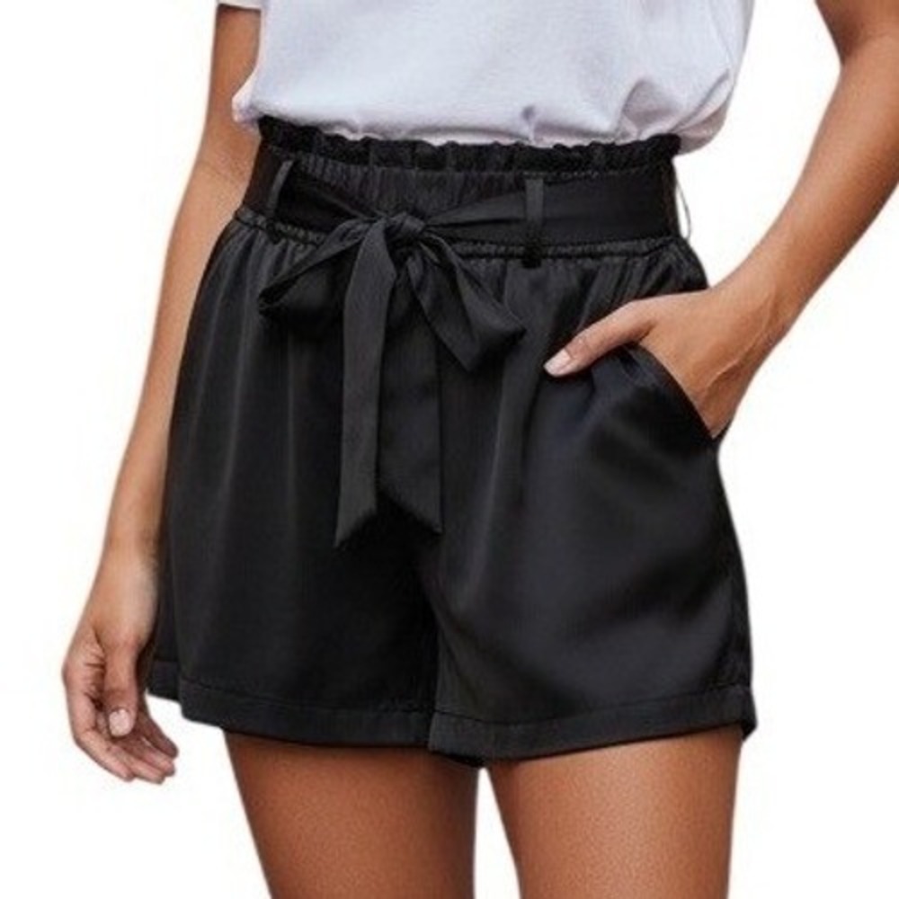 JOIE‎ Black Satin Paperbag Waist Tie Front High Rise Shorts NWOT Size 8